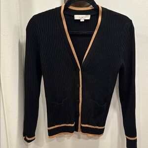 LOFT Black Cardigan Sweater with Tan Trim